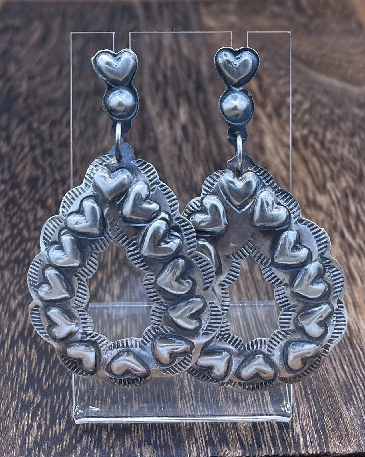 Silver Hoops with Heart Stamping Detailing