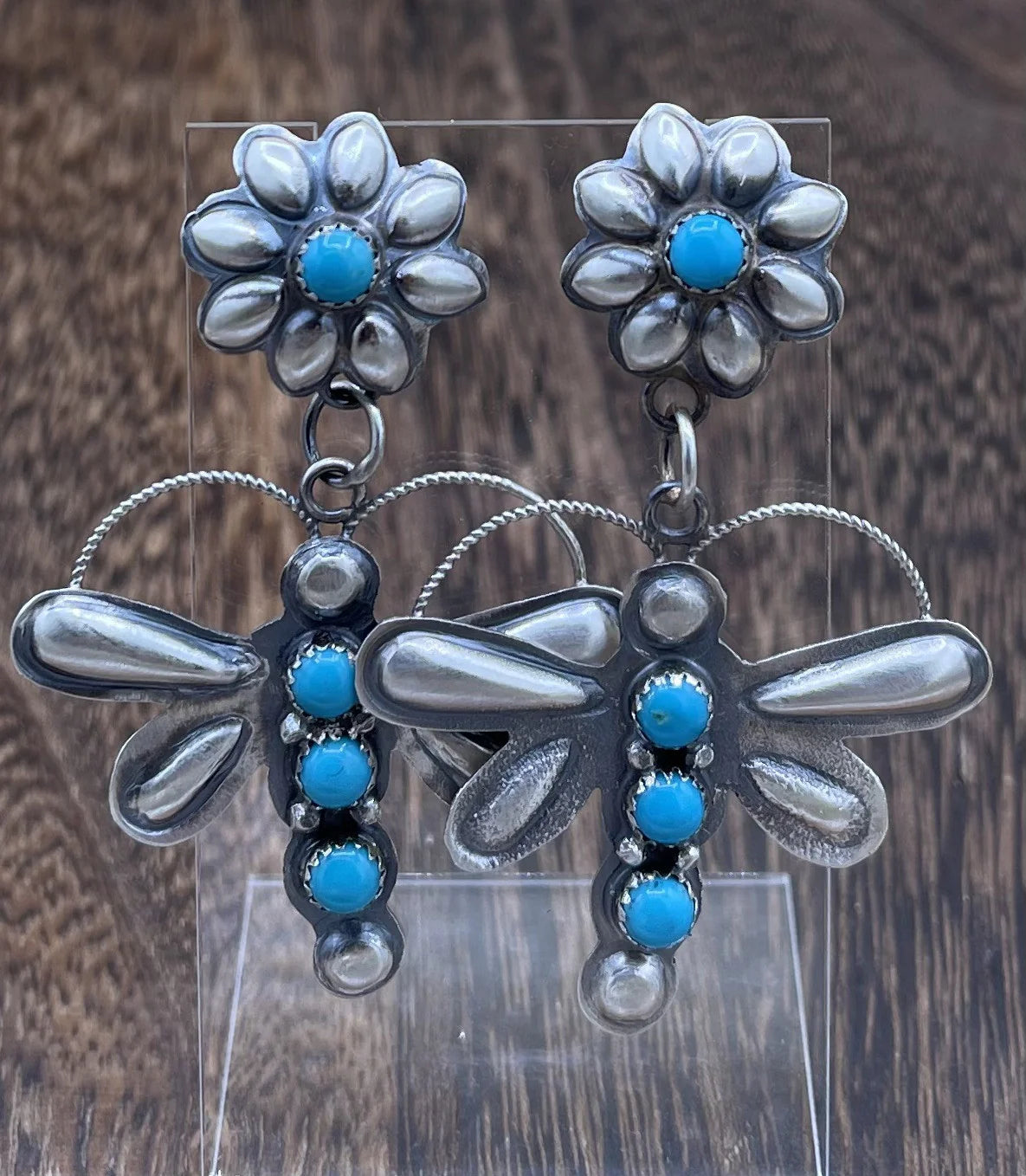 Dragonfly Dangle Earrings with Flower Studs and Turquoise