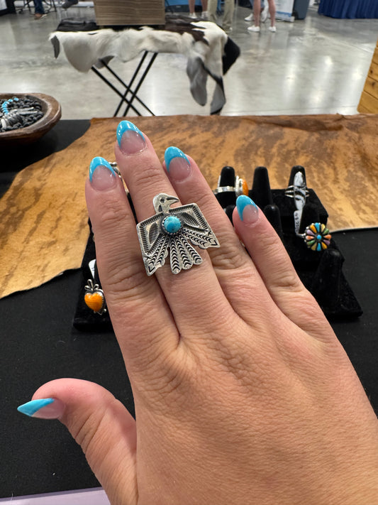 Thunderbird Ring W/ Turquoise (Adjustable)
