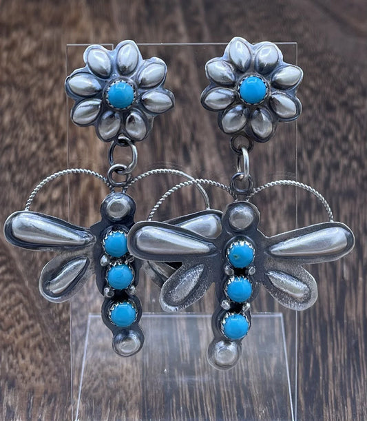 Dragonfly Dangle Earrings with Flower Studs and Turquoise